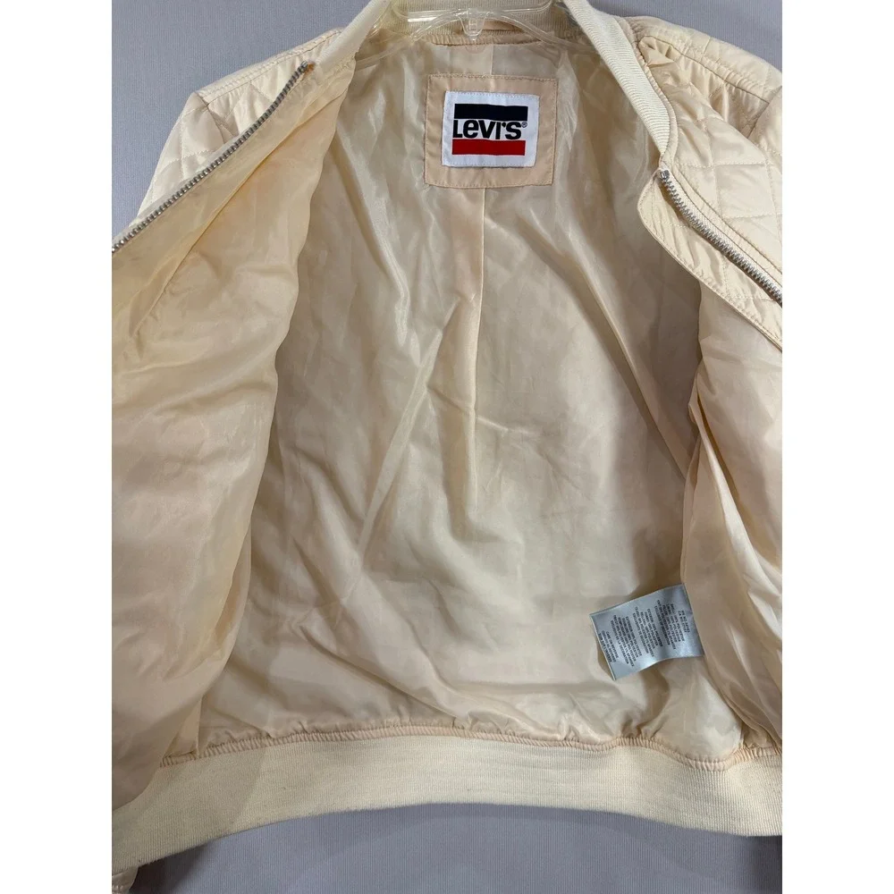 Levis Quilted Bomber Jacket Cream Beige Mens Medium Full Zip Diamond Puffer
